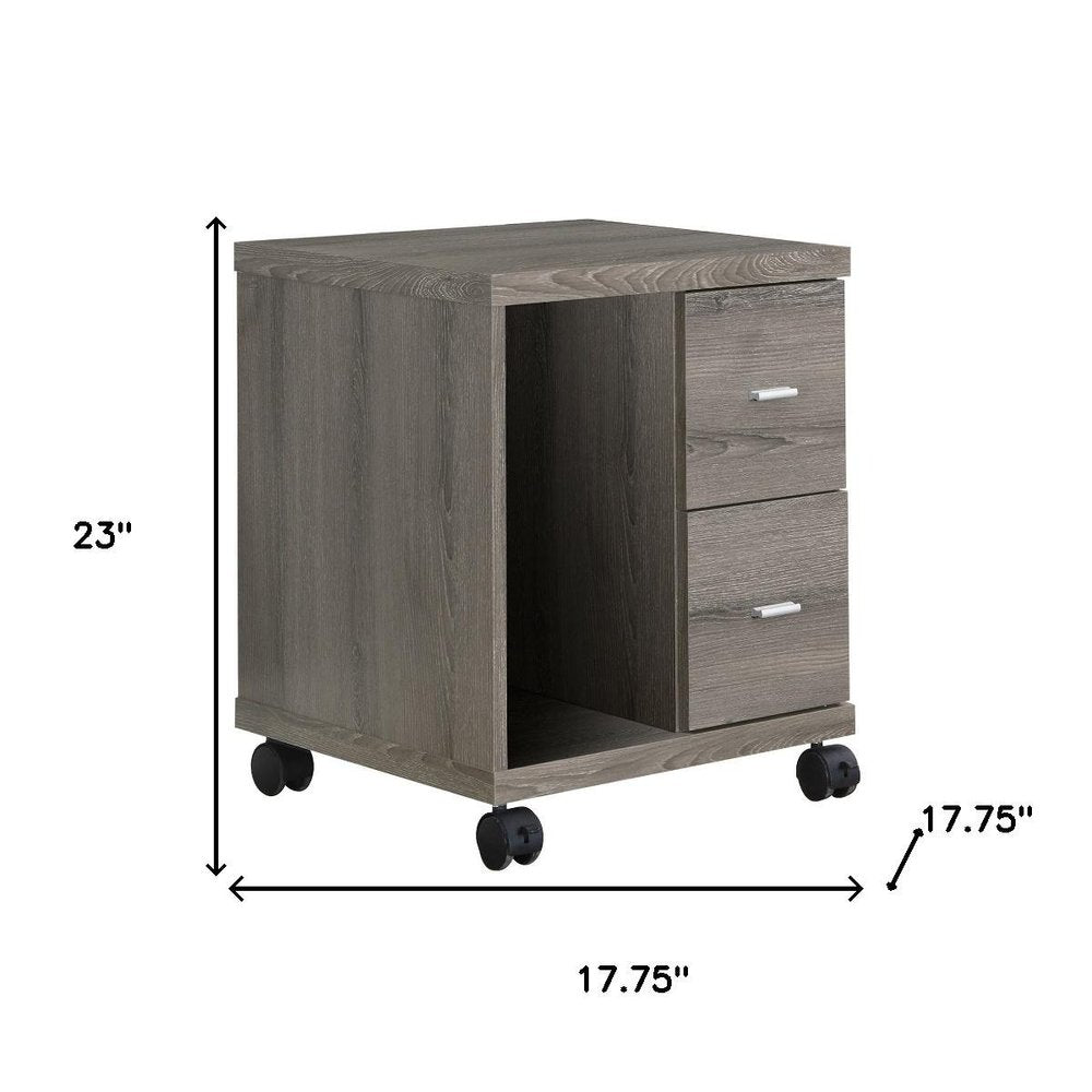 17.75" X 17.75" X 23" Dark Taupe Particle Board Hollow Core 2 Drawers Office Cabinet. Filing cabinet isolated on a plain white background, showing a taupe wood surface.