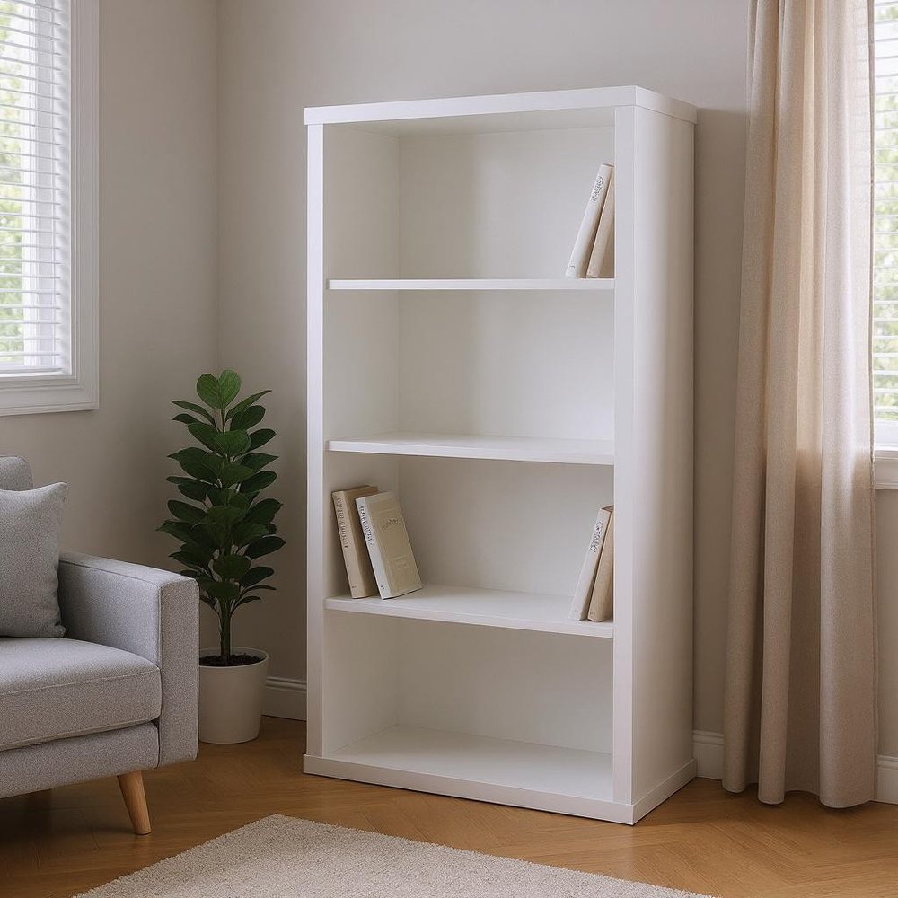White Wood Adjustable Four Tier Bookcase in a home interior