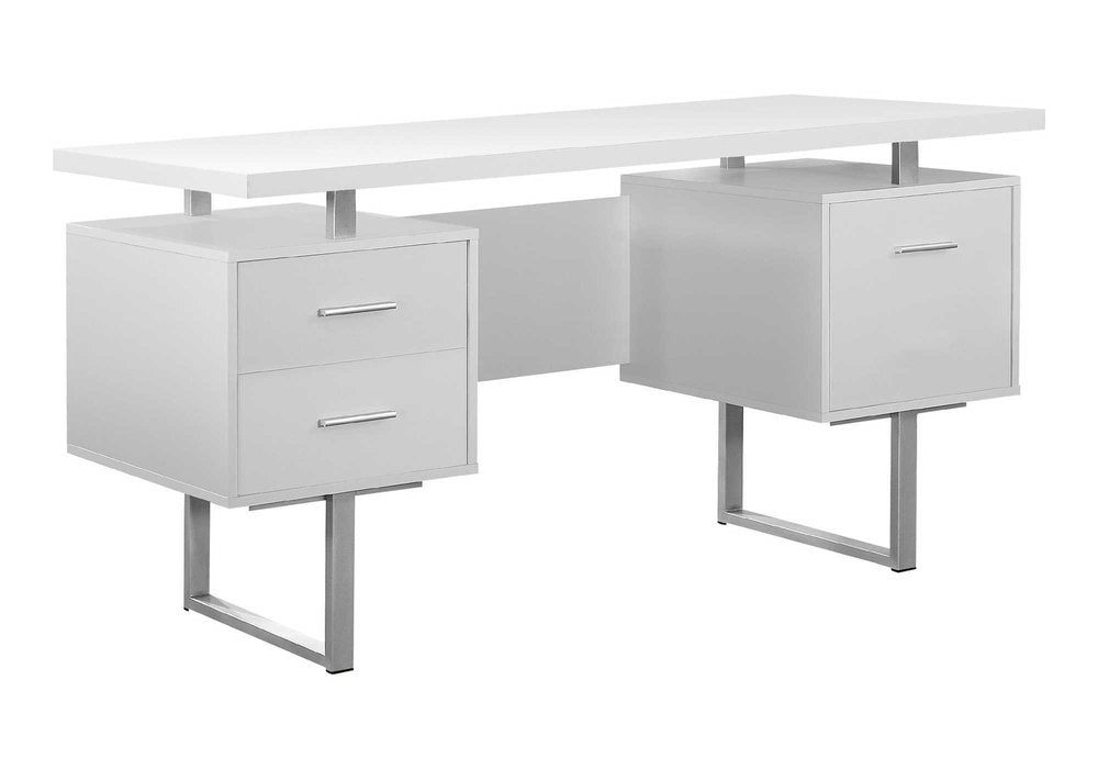60" White and Silver Computer Desk With Three Drawers