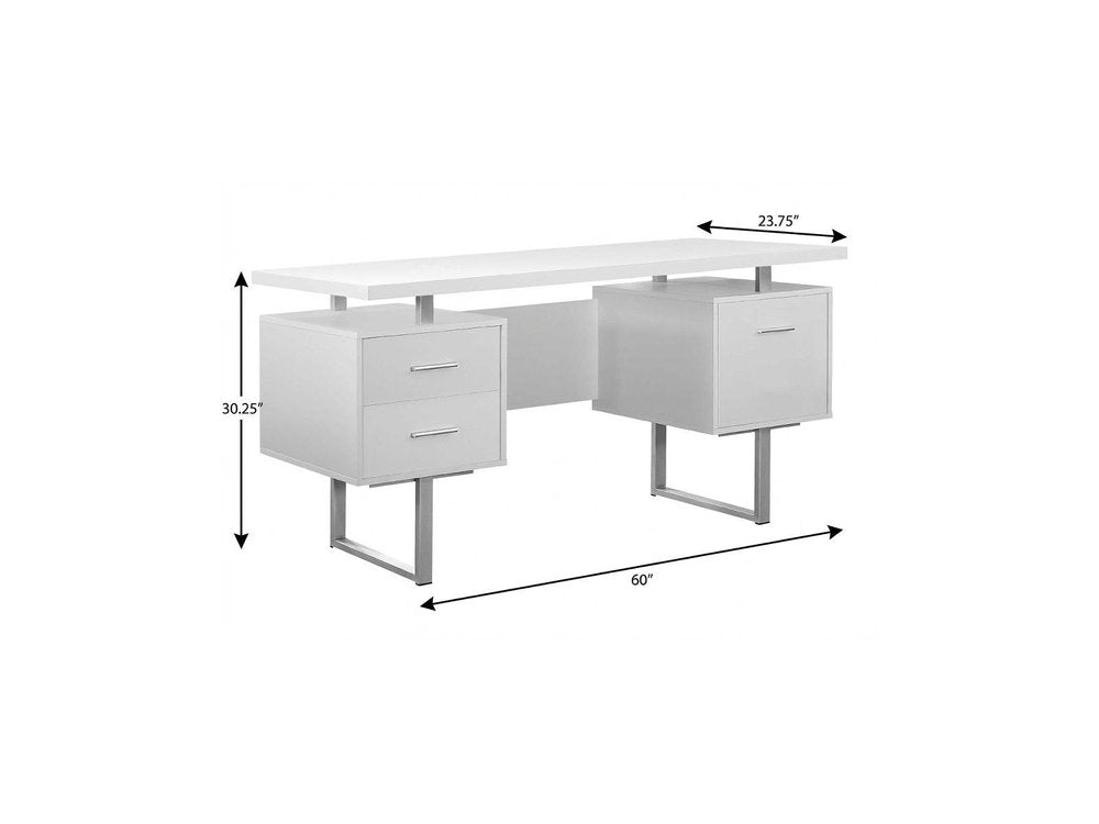 60" White and Silver Computer Desk With Three Drawers