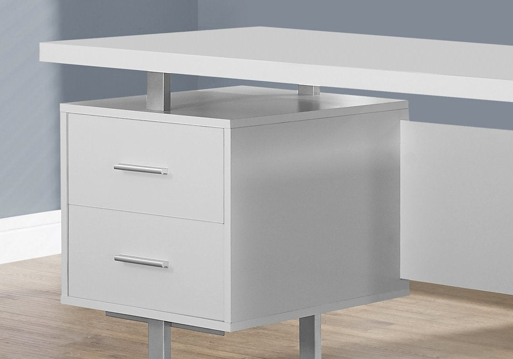 60" White and Silver Computer Desk With Three Drawers