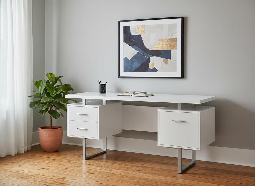 60" White and Silver Computer Desk With Three Drawers