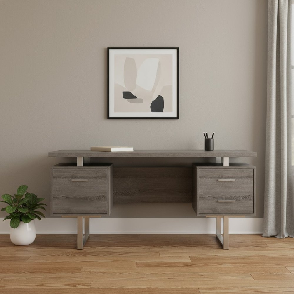 60" White and Silver Computer Desk With Three Drawers
