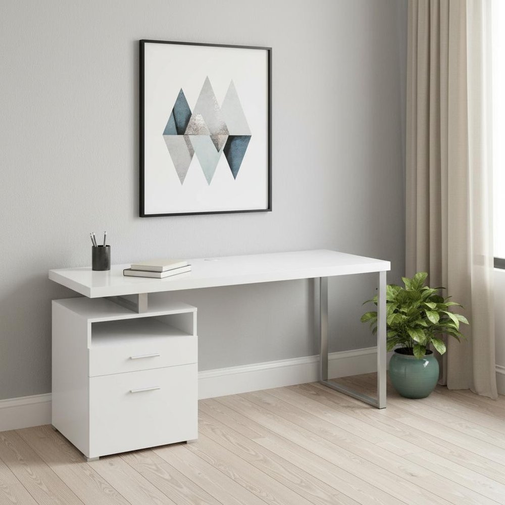 60" White and Silver Computer Desk With Two Drawers