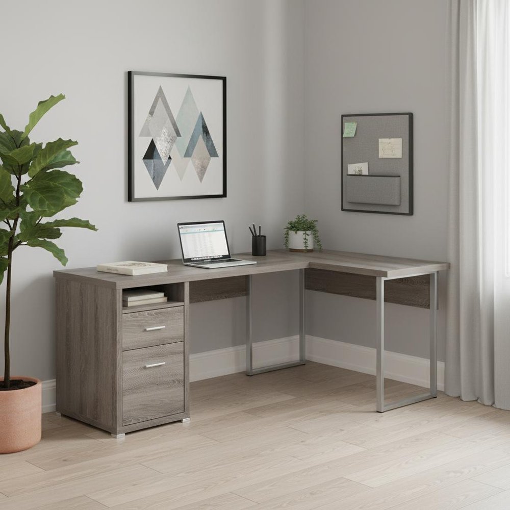 79" Taupe and Silver L Shape Computer Desk With Two Drawers on a white background