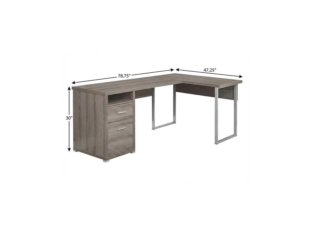 79" Taupe and Silver L Shape Computer Desk With Two Drawers on a white background