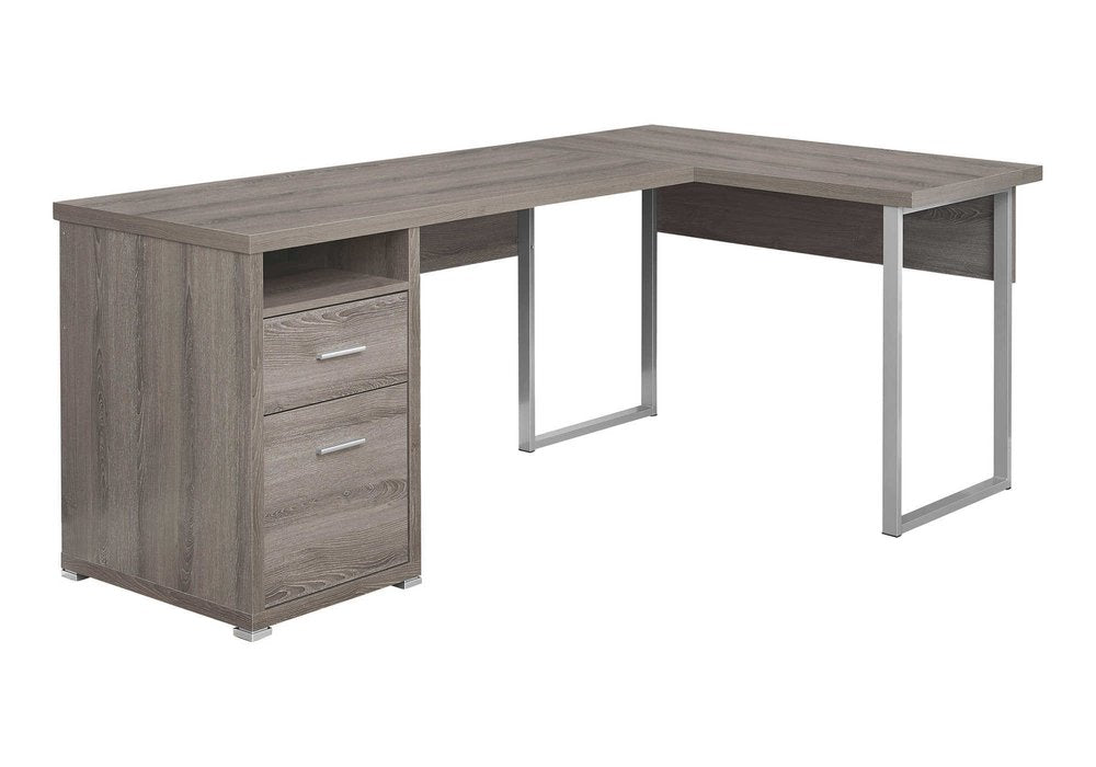 79" Taupe and Silver L Shape Computer Desk With Two Drawers on a white background