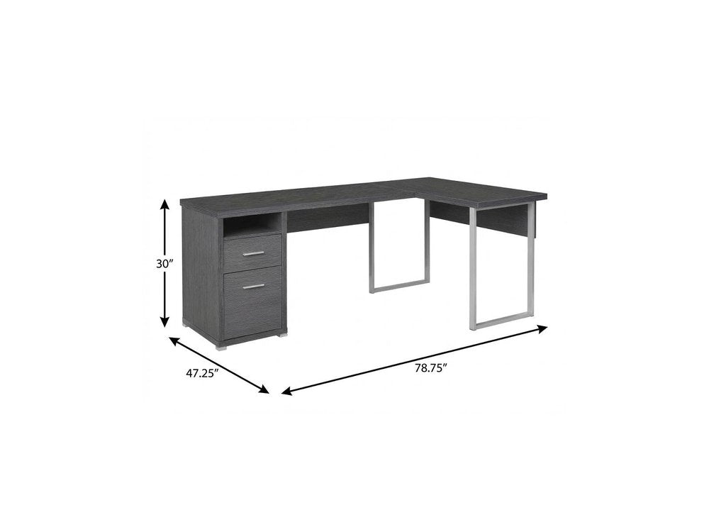 79" Taupe and Silver L Shape Computer Desk With Two Drawers on a white background
