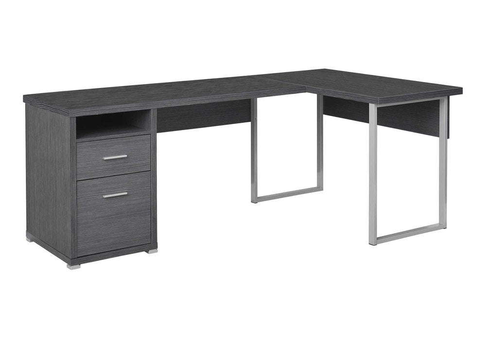 79" Taupe and Silver L Shape Computer Desk With Two Drawers on a white background
