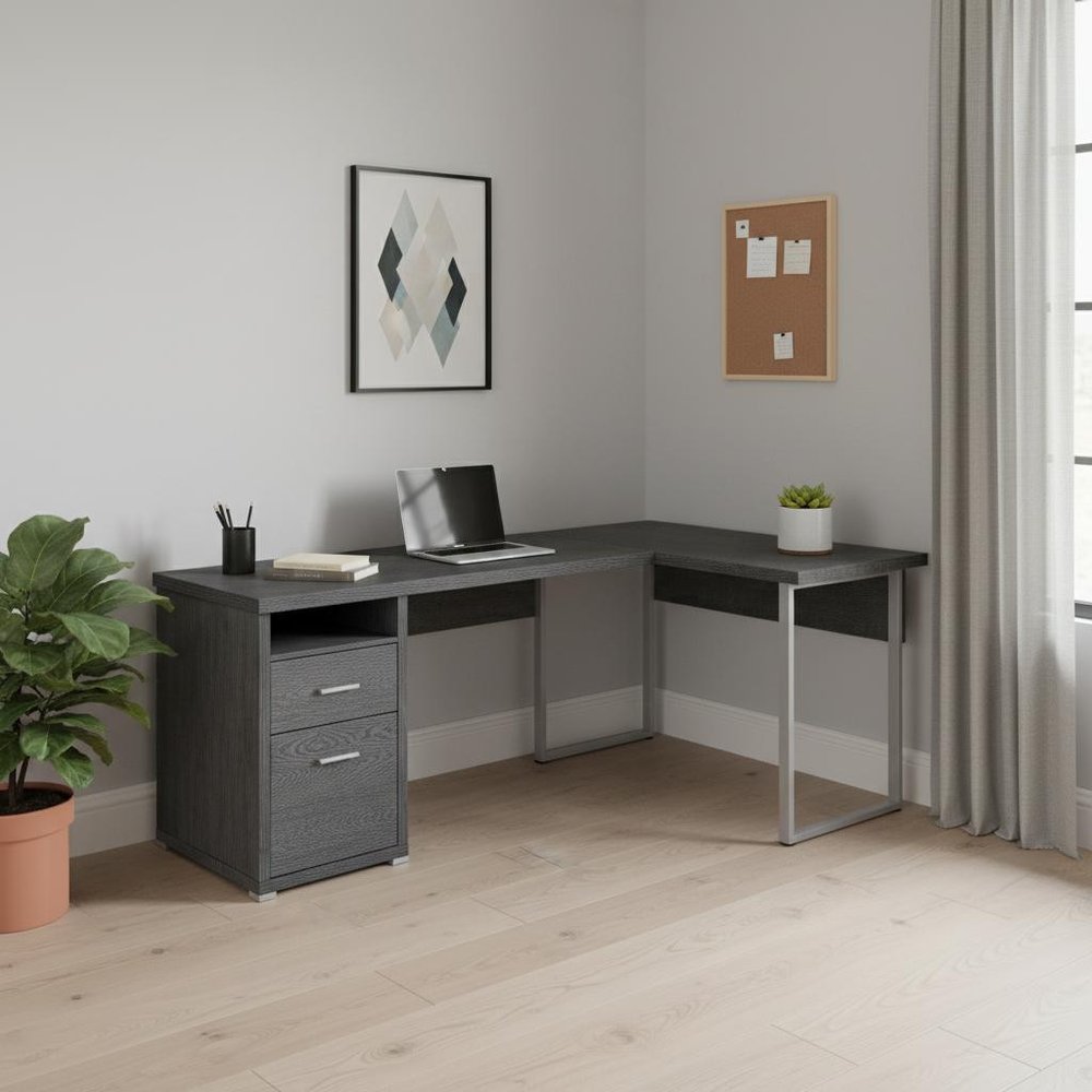 79" Taupe and Silver L Shape Computer Desk With Two Drawers on a white background