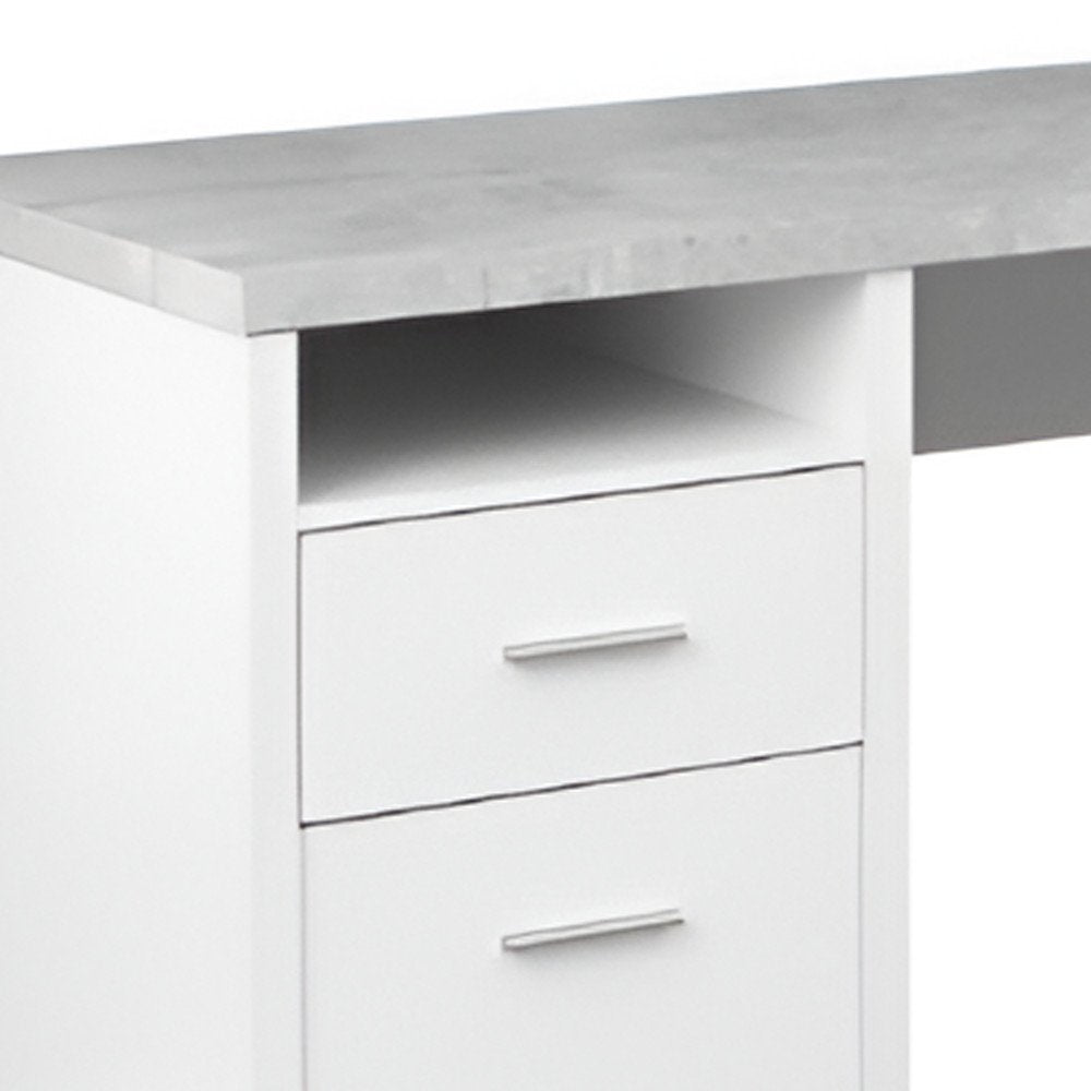 79" Taupe and Silver L Shape Computer Desk With Two Drawers on a white background