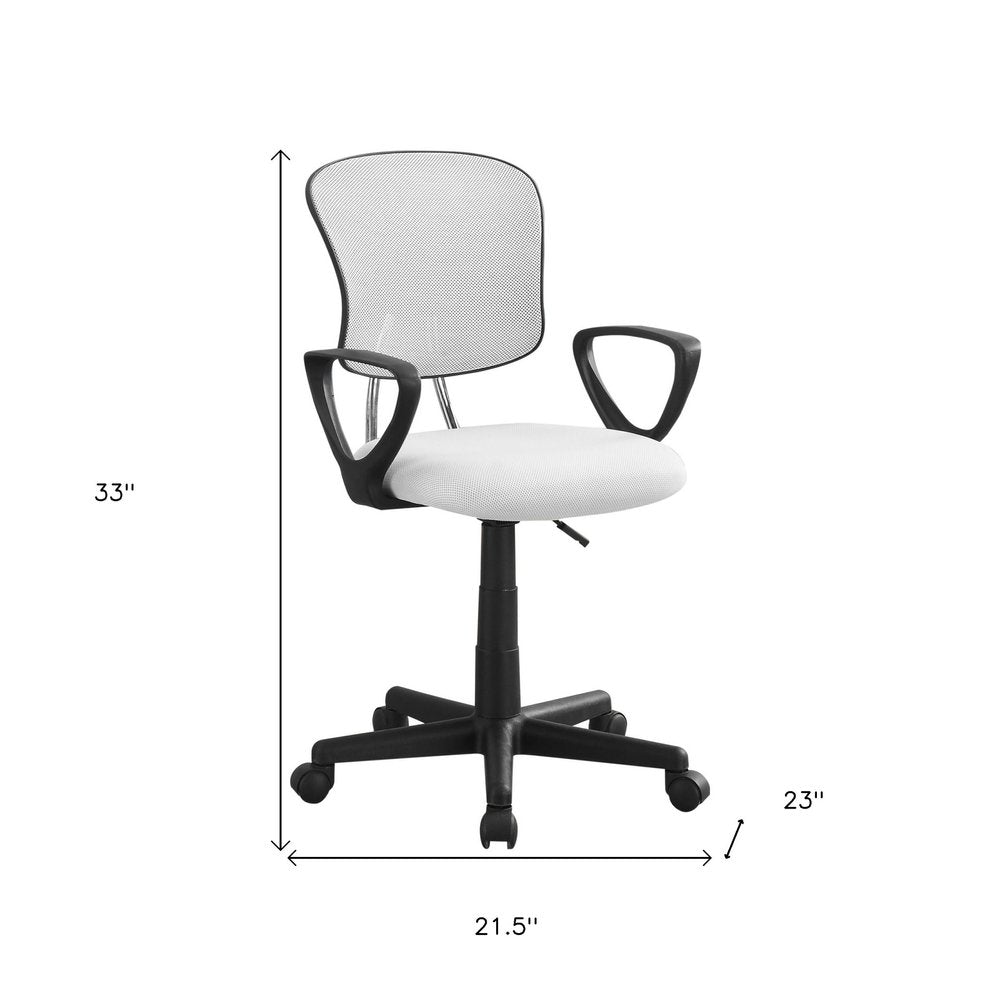White mesh back task chair with a polyester seat, black plastic frame, and casters. Dimensions: 33" H x 21.5" W x 23" D.