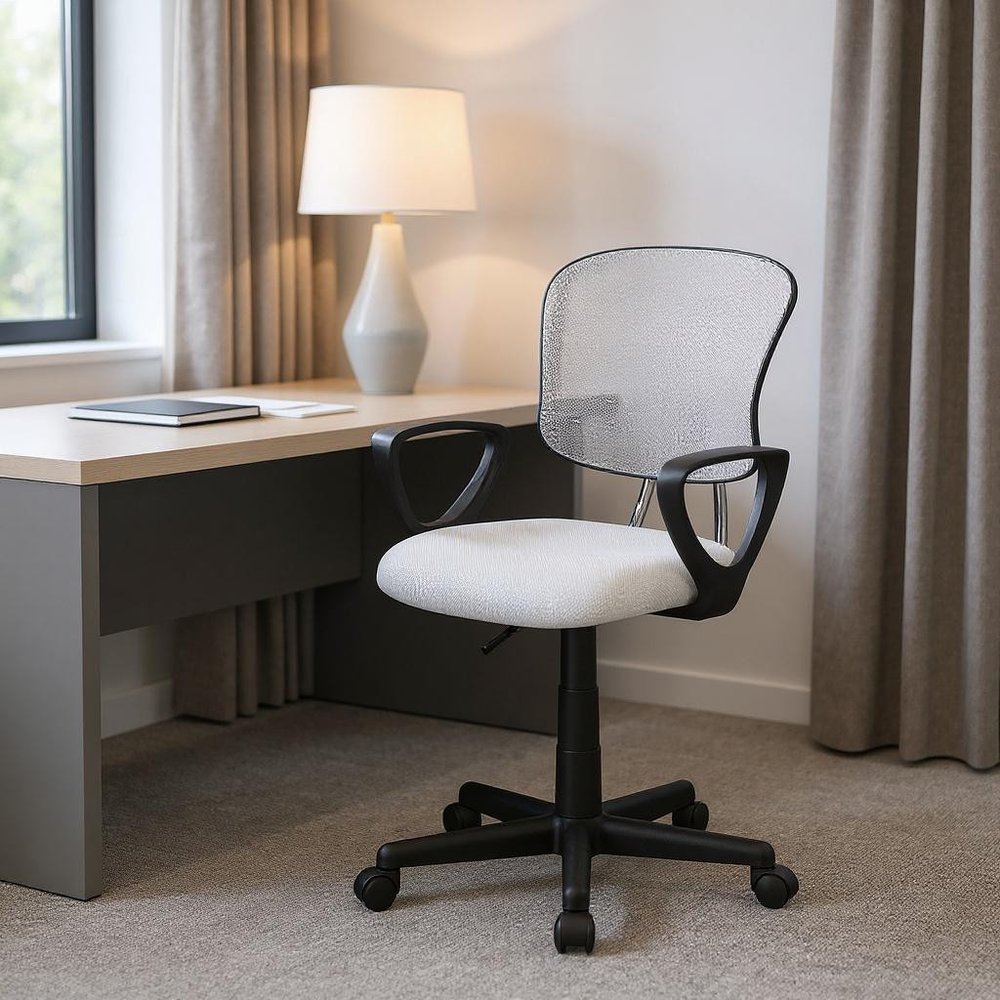 White Polyester Seat Swivel Adjustable Task Chair Mesh Back Plastic Frame in a home interior