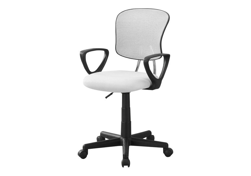 White Polyester Seat Swivel Adjustable Task Chair Mesh Back Plastic Frame on a white background