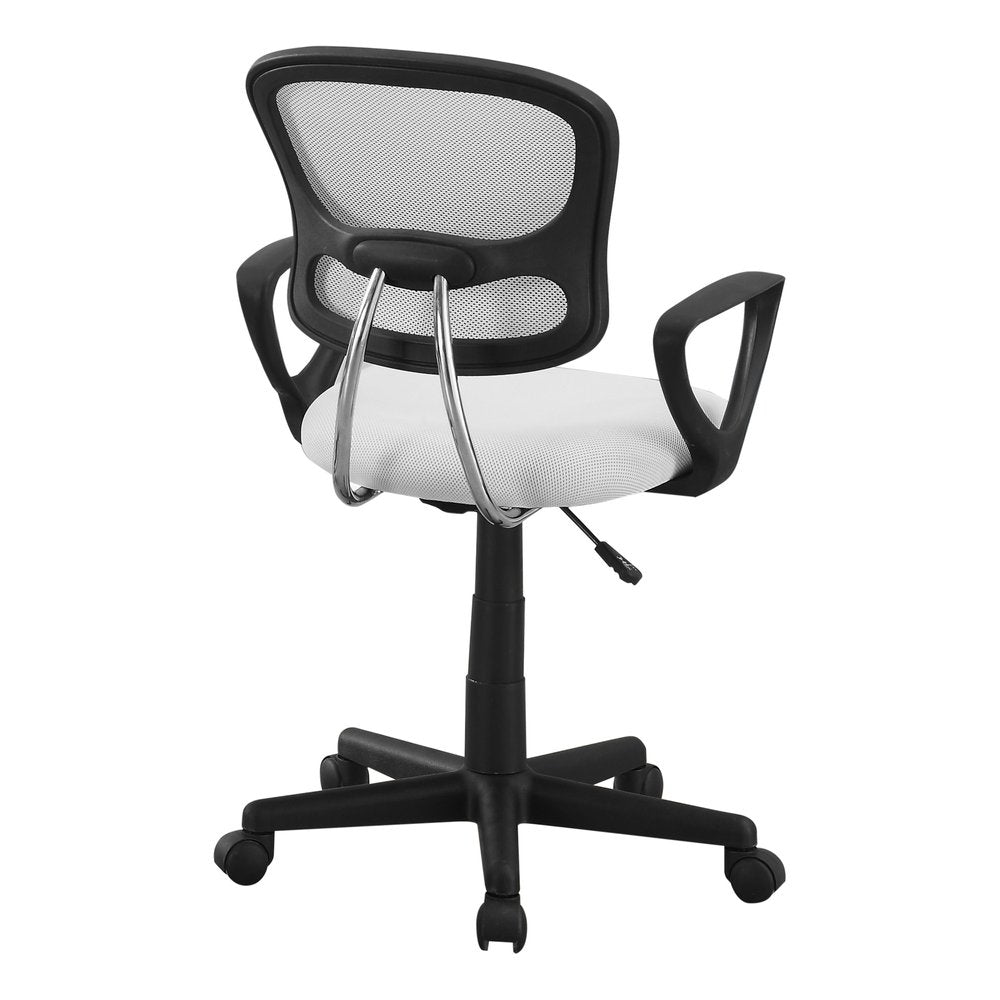 White Polyester Seat Swivel Adjustable Task Chair Mesh Back Plastic Frame on a white background