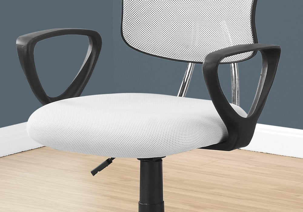 White Polyester Seat Swivel Adjustable Task Chair Mesh Back Plastic Frame in a home interior