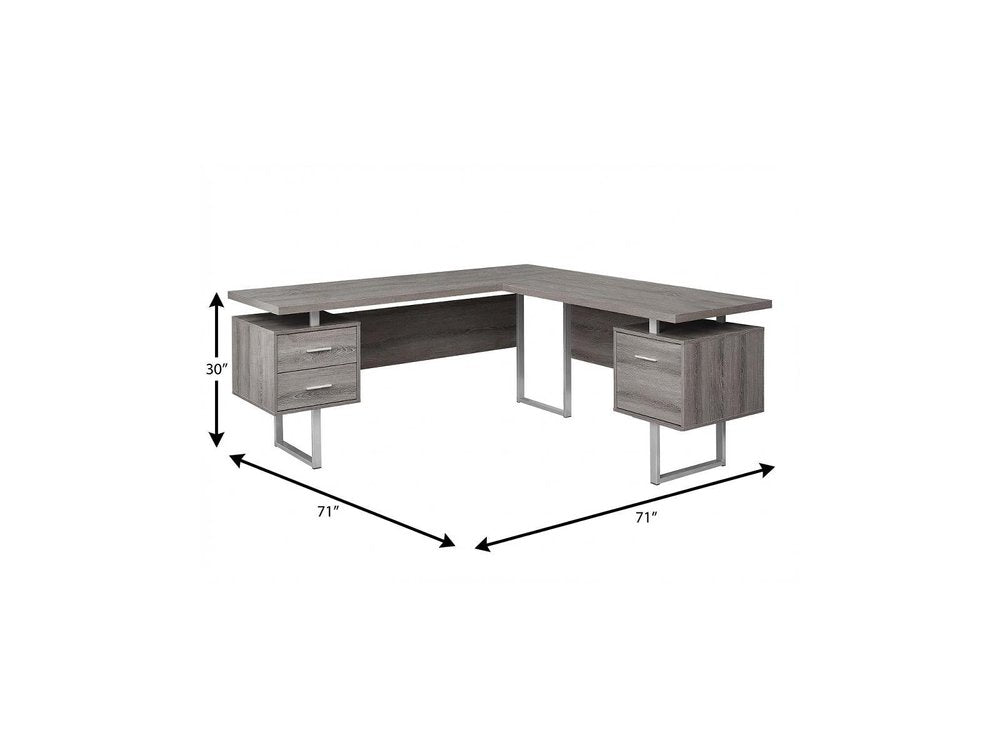 71" Taupe and Silver L Shape Computer Desk With Three Drawers