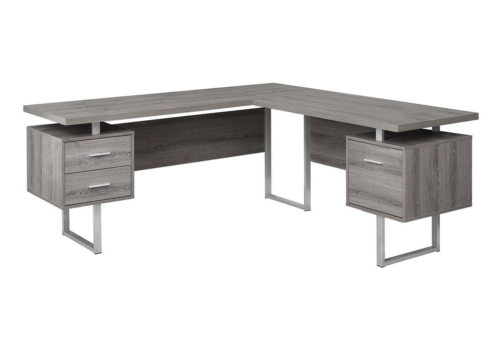 71" Gray and Silver L Shape Computer Desk With Three Drawers on a white background