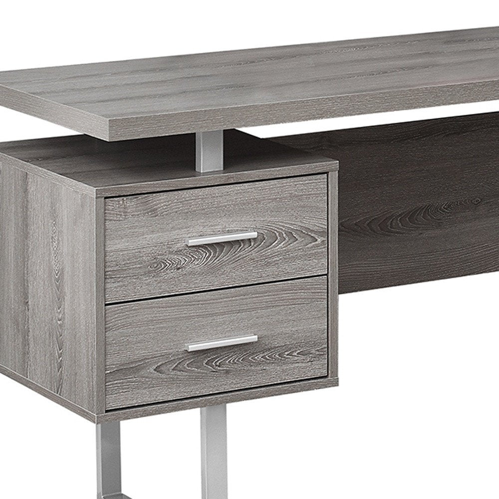 71" Gray and Silver L Shape Computer Desk With Three Drawers on a white background