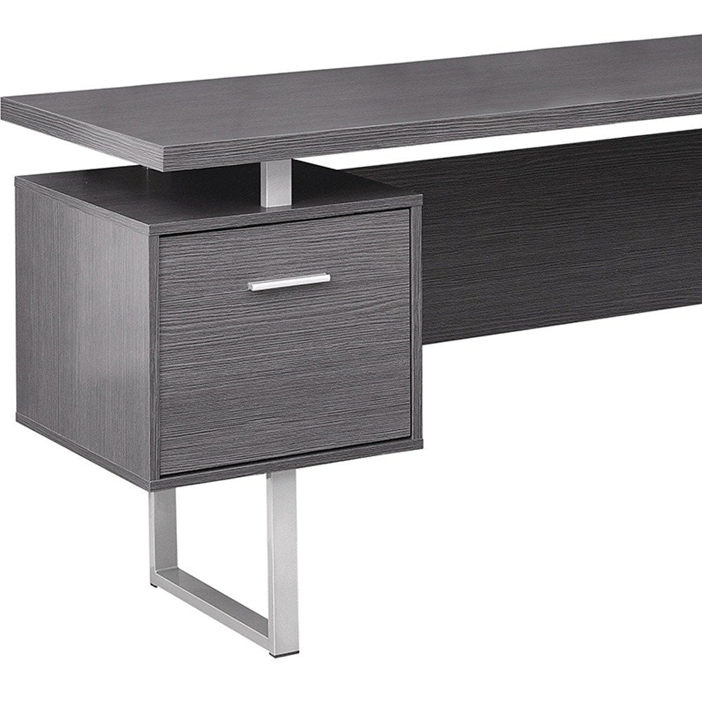 71" Gray and Silver L Shape Computer Desk With Three Drawers on a white background
