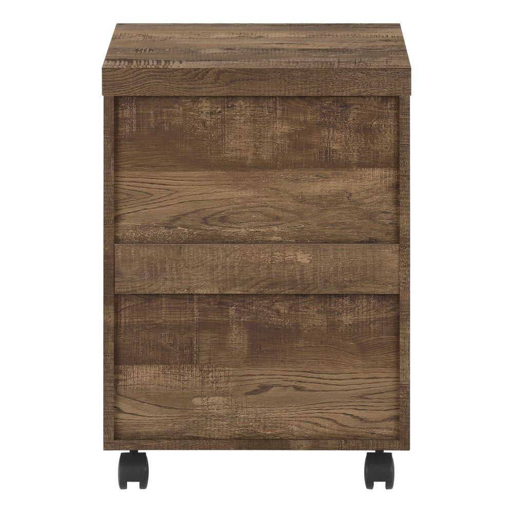 25" Brown Particle Board and Wood Filing Cabinet With Drawers. Filing cabinet isolated on a plain white background, showing a brown wood surface.