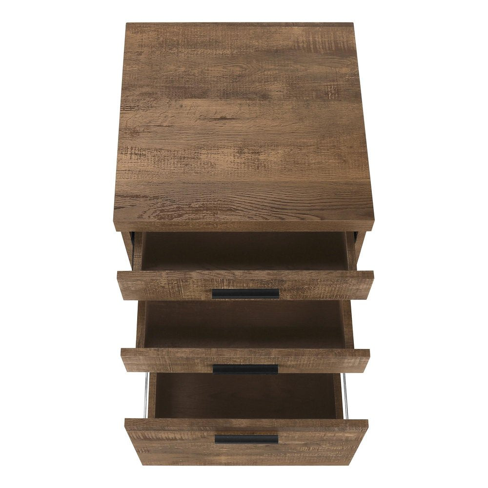 25" Brown Particle Board and Wood Filing Cabinet With Drawers. Filing cabinet isolated on a plain white background, in a brown wood finish.