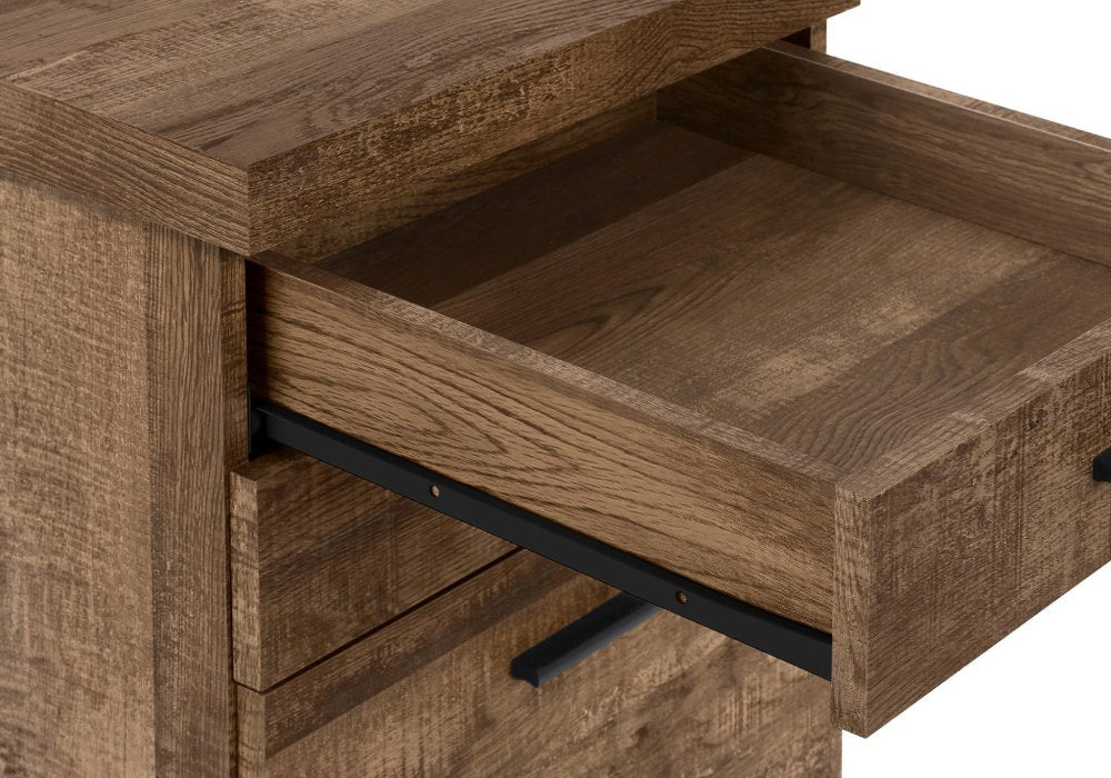 Close-up of 25" Brown Particle Board and Wood Filing Cabinet With Drawers showing the brown wood texture.