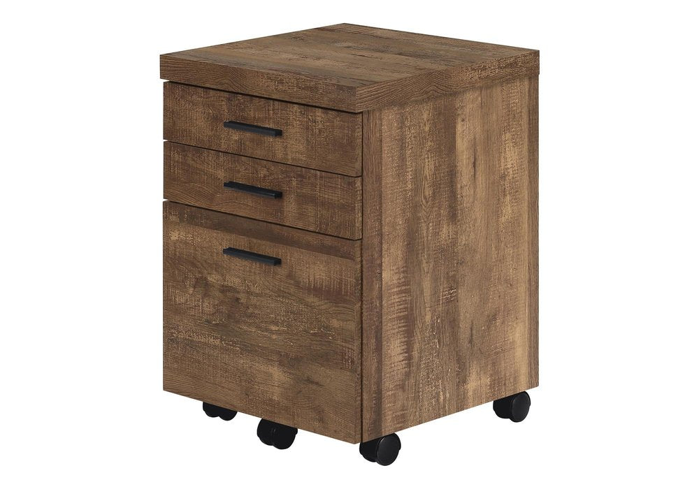 25" Brown Particle Board and Wood Filing Cabinet With Drawers. Filing cabinet isolated on a plain white background, finished in brown wood.