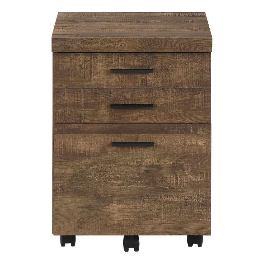 25" Brown Particle Board and Wood Filing Cabinet With Drawers. Filing cabinet isolated on a plain white background, showing a brown wood surface.