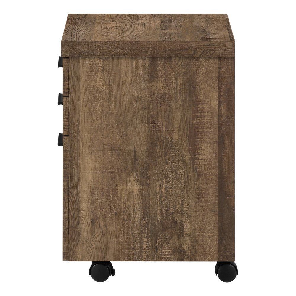 25" Brown Particle Board and Wood Filing Cabinet With Drawers. Filing cabinet isolated on a plain white background, finished in brown wood.