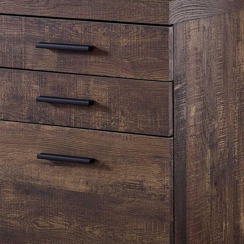 Close-up of a brown wood-grain filing cabinet with three black drawer pulls.