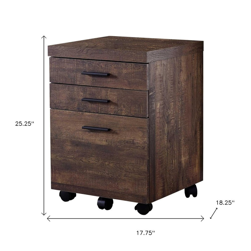 25" Brown Particle Board and Wood Filing Cabinet With Drawers. Filing cabinet isolated on a plain white background, showing a brown wood surface.