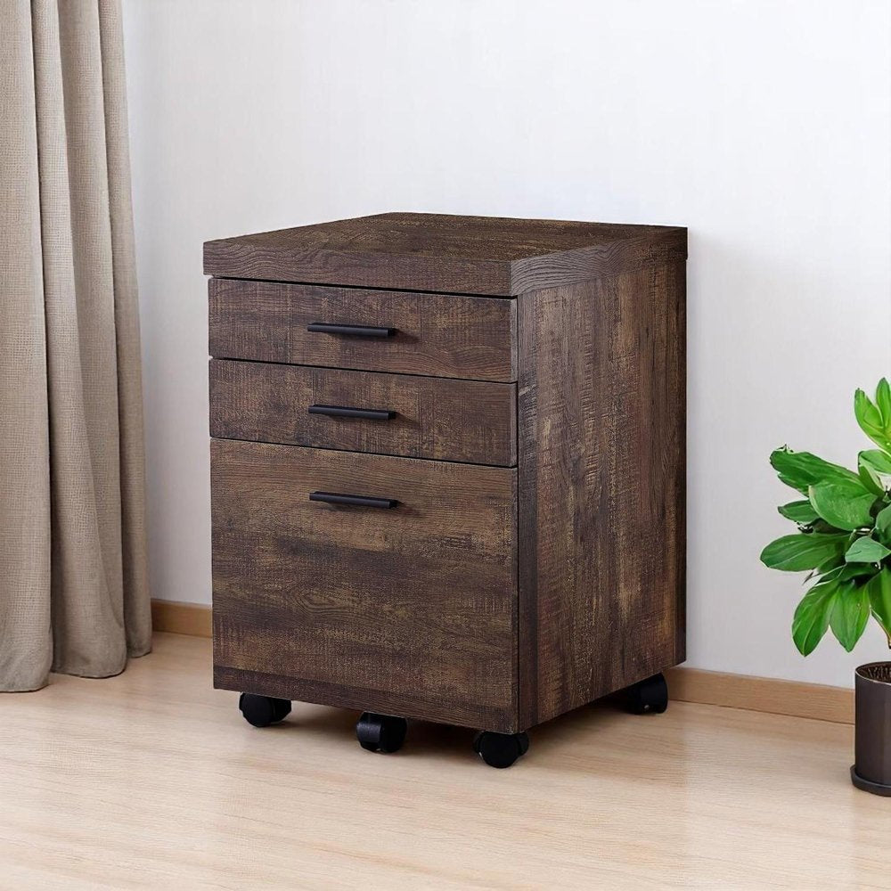 Close-up of 25" Brown Particle Board and Wood Filing Cabinet With Drawers showing brown wood detail.