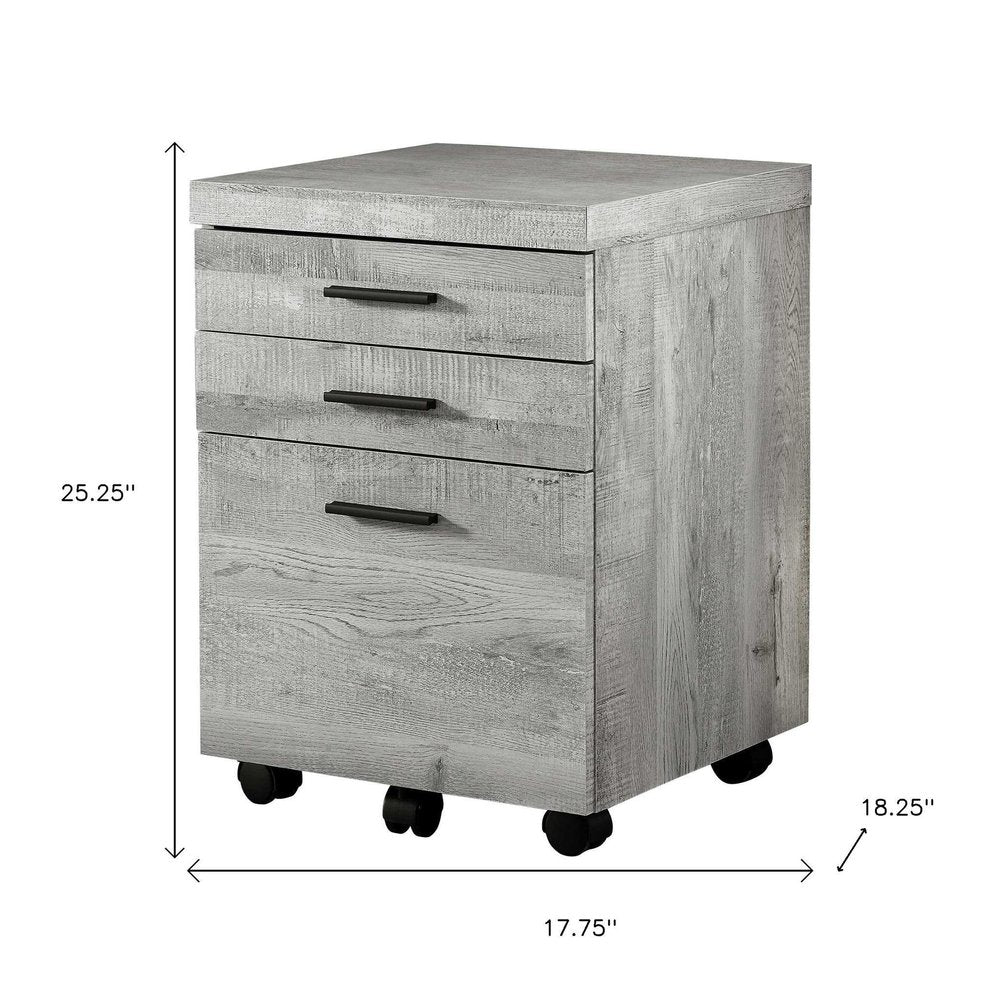 25" Brown Particle Board and Wood Filing Cabinet With Drawers. Filing cabinet isolated on a plain white background, showing a wood surface.