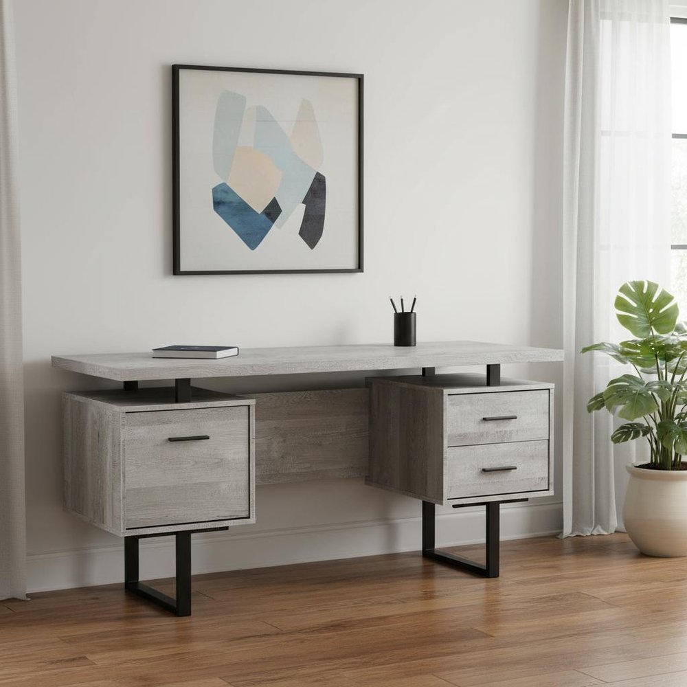 60" Gray and Black Computer Desk With Three Drawers