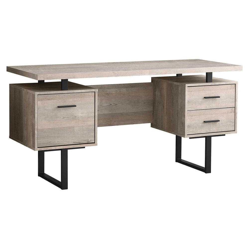60" Gray and Black Computer Desk With Three Drawers. Desk isolated on a plain white background, in a black finish.