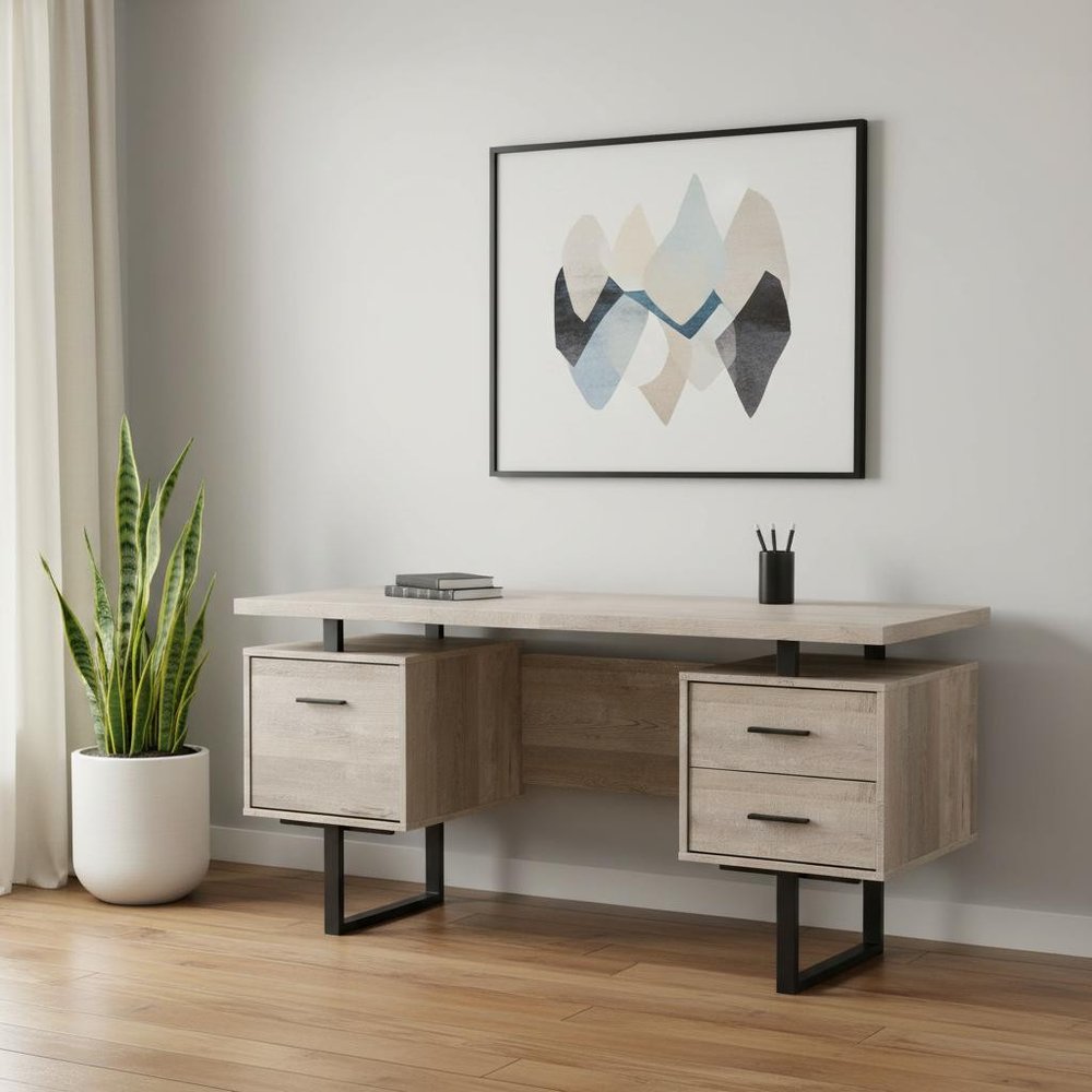 60" Gray and Black Computer Desk With Three Drawers