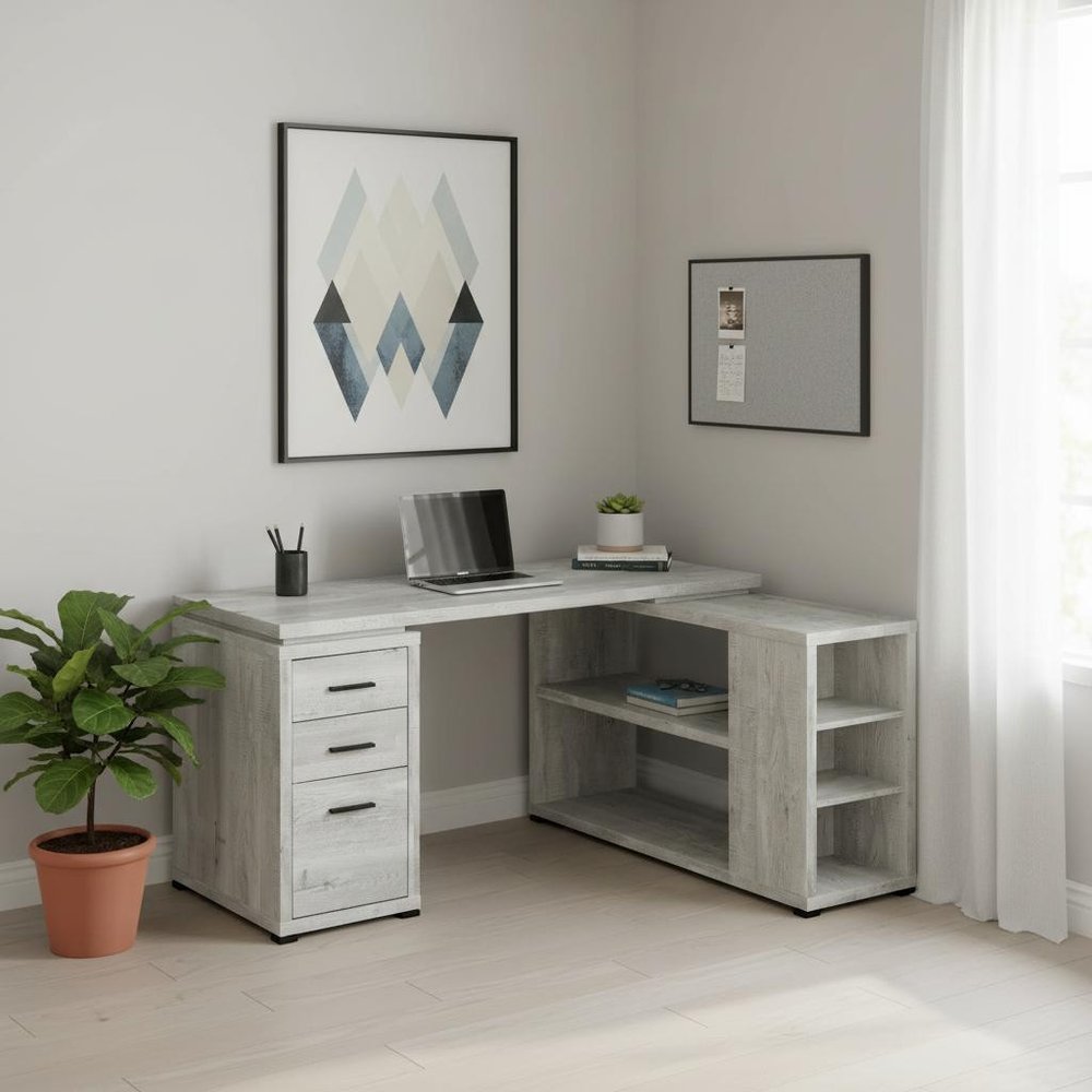 60" Gray L Shape Computer Desk With Three Drawers