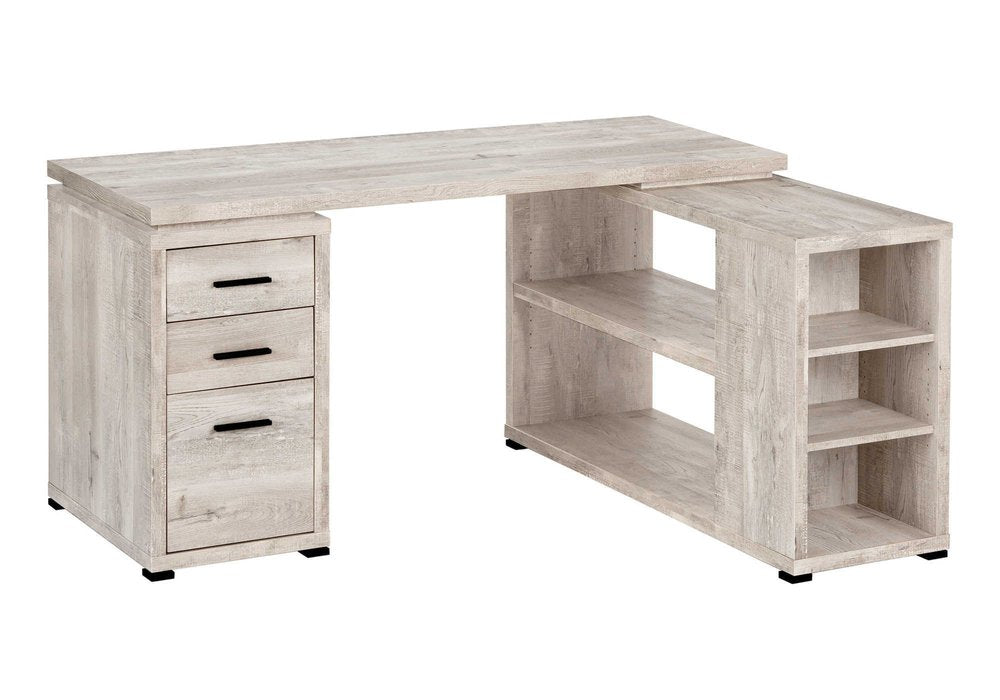 60" Taupe L Shape Computer Desk With Three Drawers. Desk isolated on a plain white background, in a taupe finish.