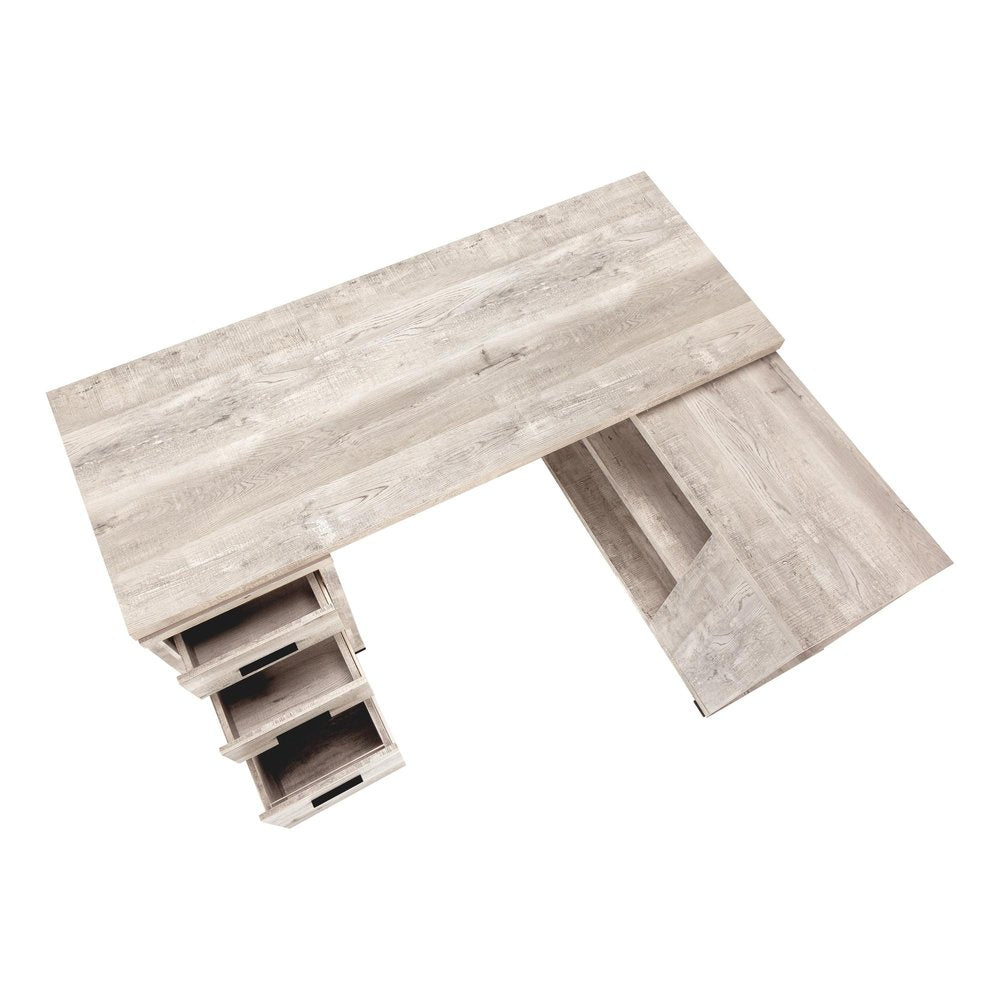 60" Taupe L Shape Computer Desk With Three Drawers. Desk isolated on a plain white background.