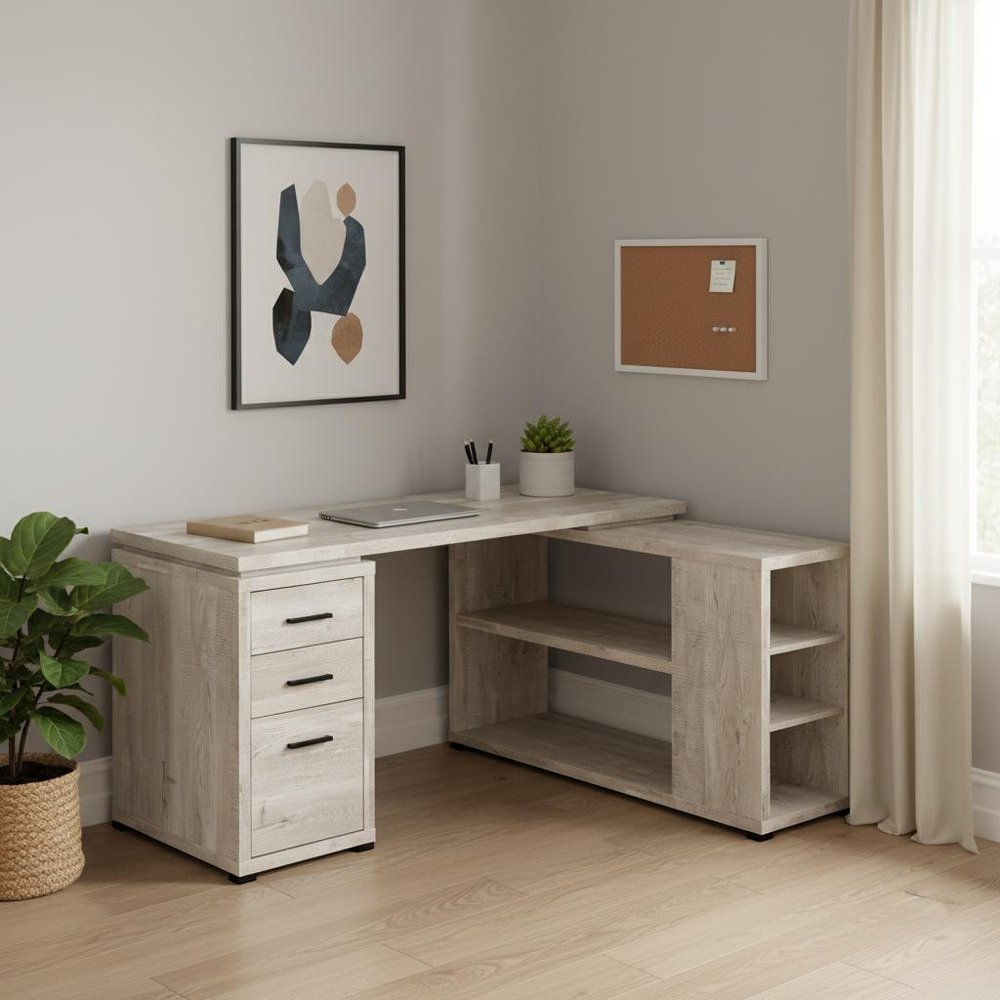 60" Taupe L Shape Computer Desk With Three Drawers styled in a furnished interior with a tan wall on a wood floor.