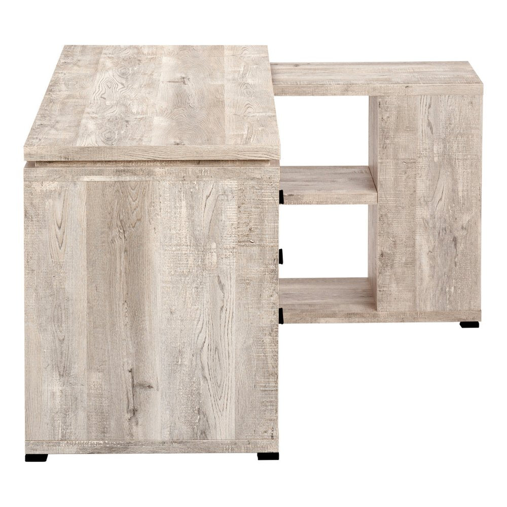 60" Taupe L Shape Computer Desk With Three Drawers. Desk isolated on a plain white background.