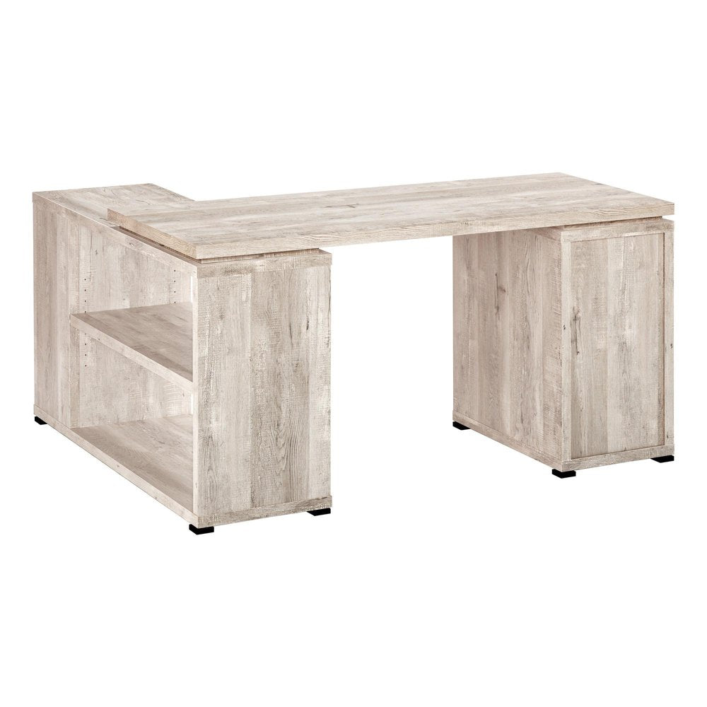 60" Taupe L Shape Computer Desk With Three Drawers. Desk isolated on a plain white background.