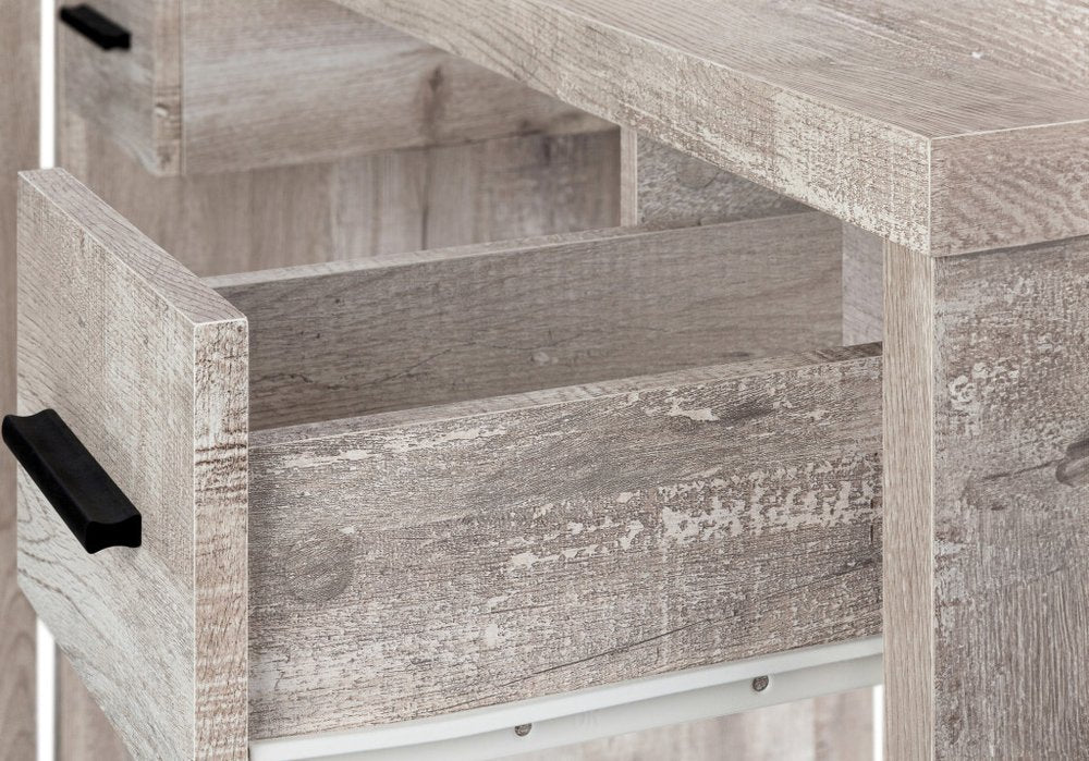 63" Taupe L Shape Computer Desk With Eight Drawers close-up highlighting the taupe surface.