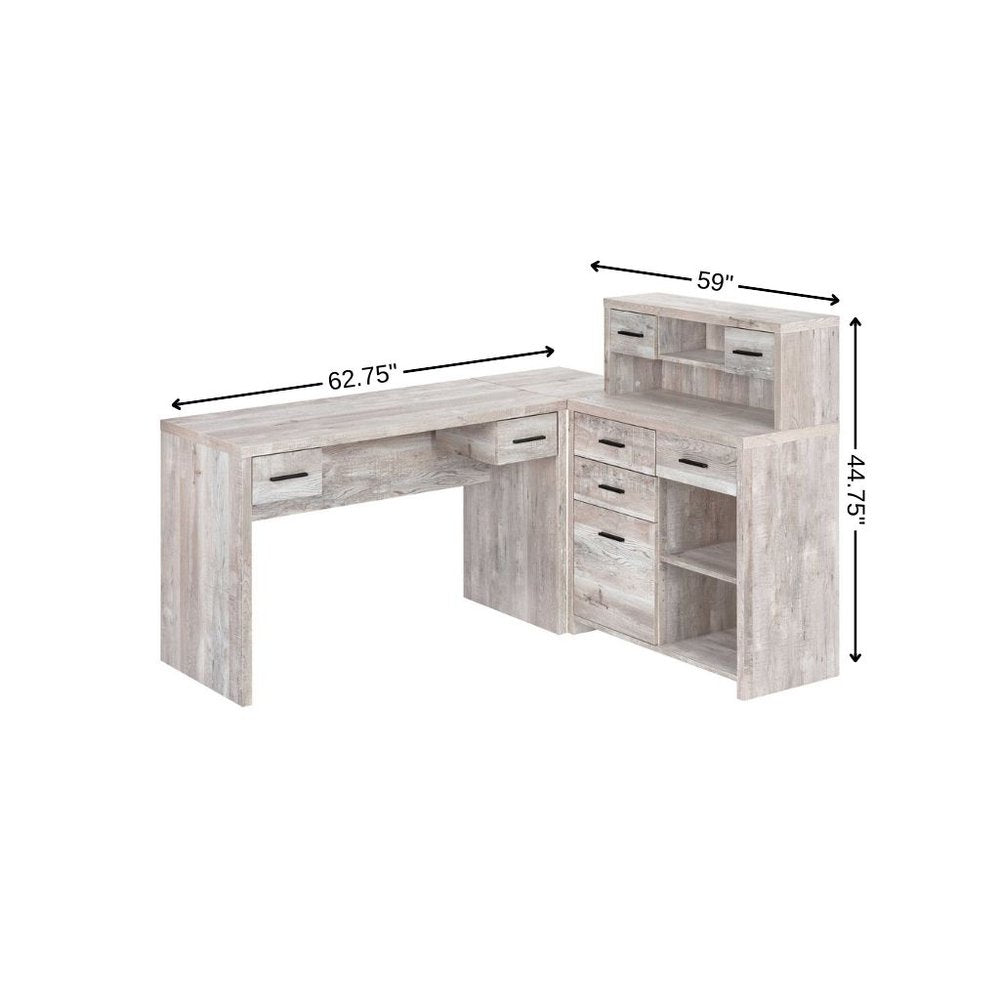 63" Taupe L Shape Computer Desk With Eight Drawers. Desk isolated on a plain white background, showing its taupe color.