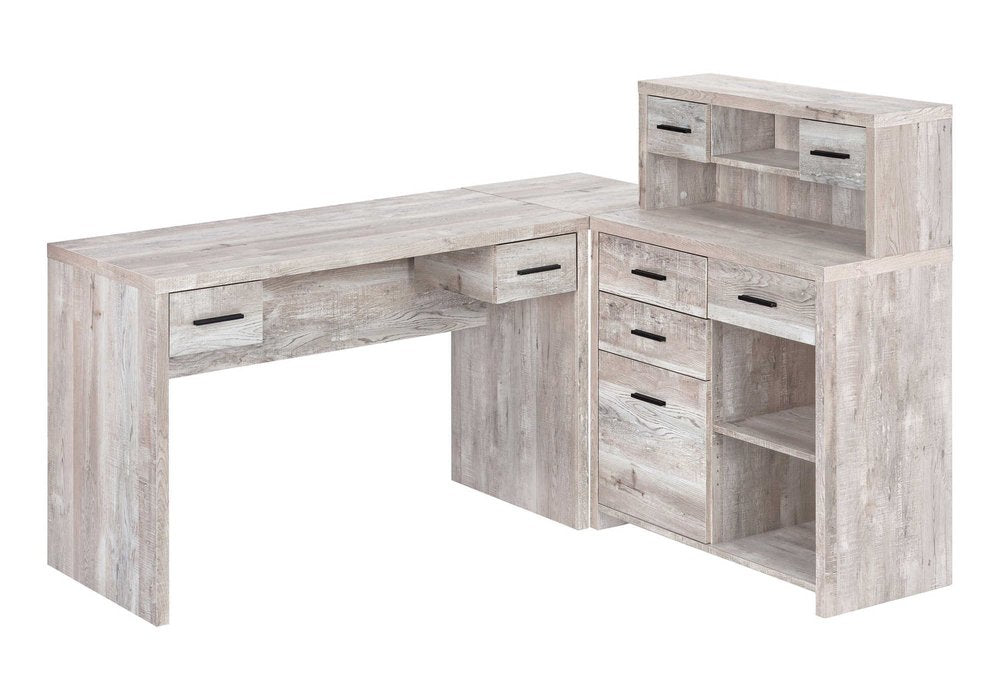 63" Taupe L Shape Computer Desk With Eight Drawers. Desk isolated on a plain white background, showing its taupe color.