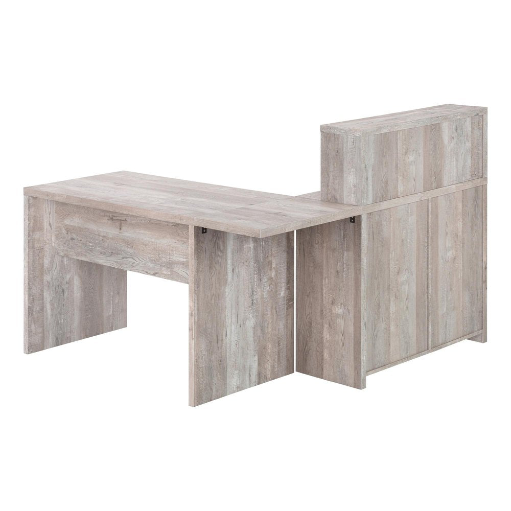 Taupe L-shaped computer desk with a wood grain finish and a hutch, shown against a white background.