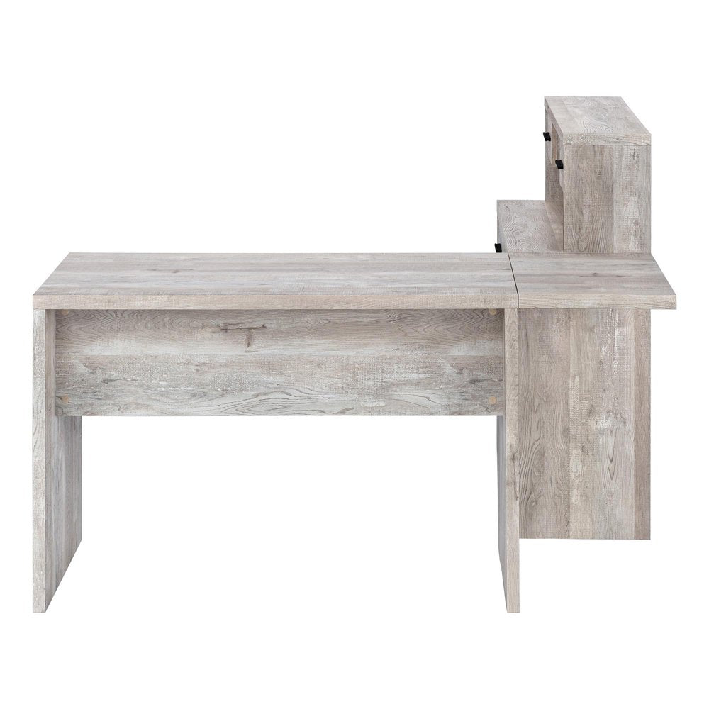 63" Taupe L Shape Computer Desk With Eight Drawers. Desk isolated on a plain white background, in a taupe finish.