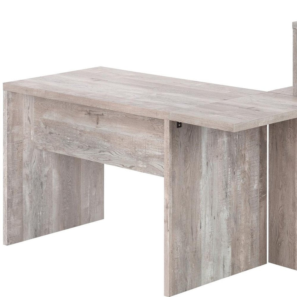 63" Taupe L Shape Computer Desk With Eight Drawers. Desk isolated on a plain white background, showing its taupe color.