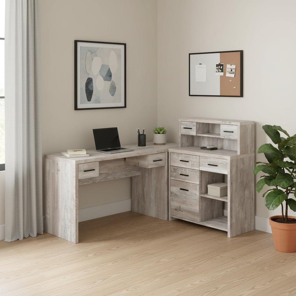 63" Taupe L Shape Computer Desk With Eight Drawers. Desk in taupe.